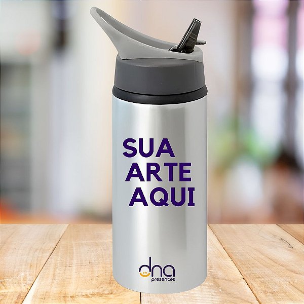 Garrafa de Alumínio Sport Bico Retrátil Prata 600ml Personalizada "Sua Arte Aqui"