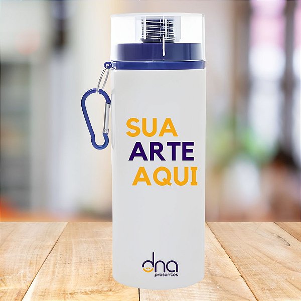 Garrafa de Alumínio Tampa Mosquetão Azul 600ml Personalizada "Sua Arte Aqui"