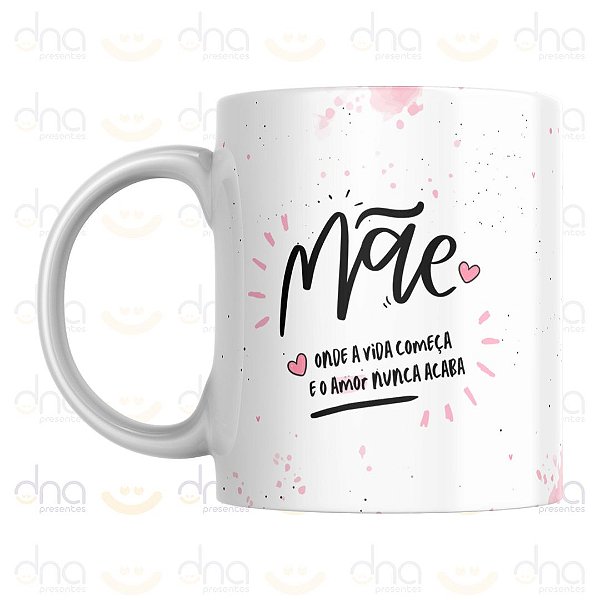 Caneca Personalizada Mãe, Onde a Vida Começa e o Amor Nunca Acaba