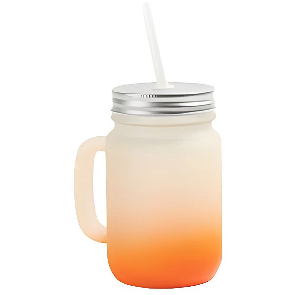Caneca de Vidro Jateada Laranja 350ml Vintage Com Tampa e Canudo