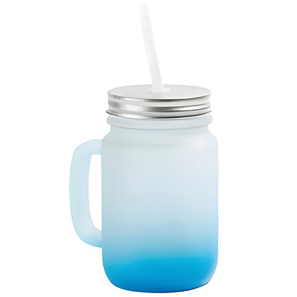 Caneca de Vidro Jateada Azul 350ml Vintage Com Tampa e Canudo