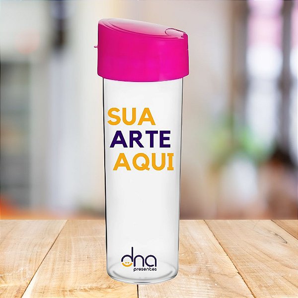 Squeeze Transparente Acqua Bio Tampa Rosa Personalizada "Sua Arte Aqui"