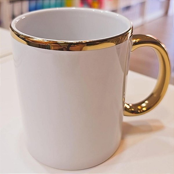 Caneca Cerâmica 325ml Alça e Borda Dourada Live