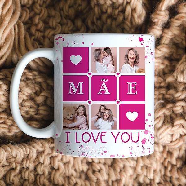 Caneca Personalizada 4 fotos I Love You cor rosa