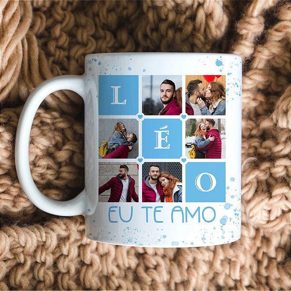 Caneca Personalizada 6 fotos Eu Te Amo cor azul claro