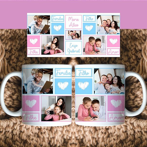 Caneca Personalizada 5 Fotos com Coração Azul e Rosa