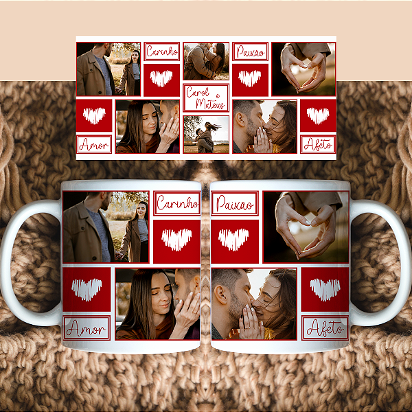 Caneca Personalizada 6 Fotos com Coração Vermelho