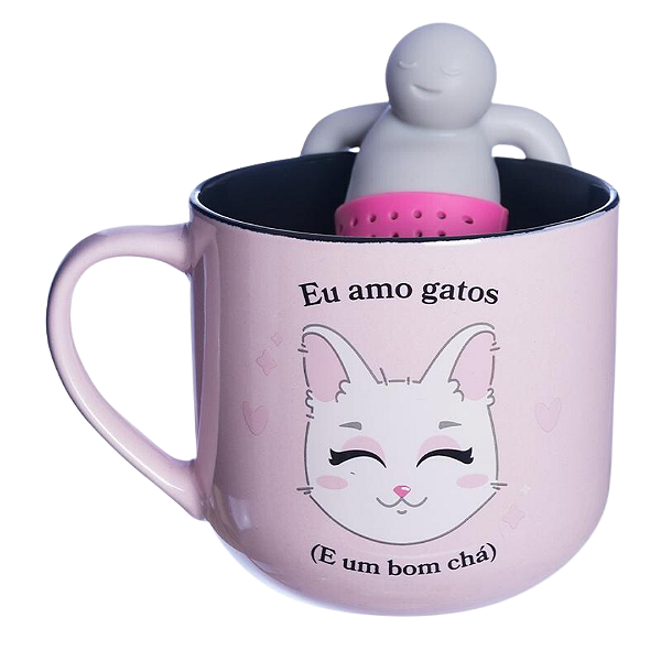 Caneca 350ml com Infusor para Chá Eu Amo Gatos