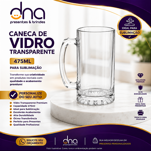 Caneca de Vidro 475ml Transparente - Para Sublimação