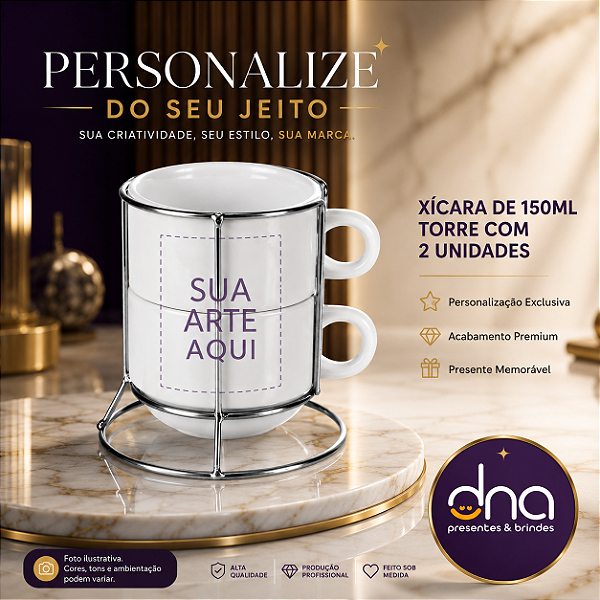 Torre de 2 Xícaras Personalizadas Brancas 150ml - Sua Arte Aqui