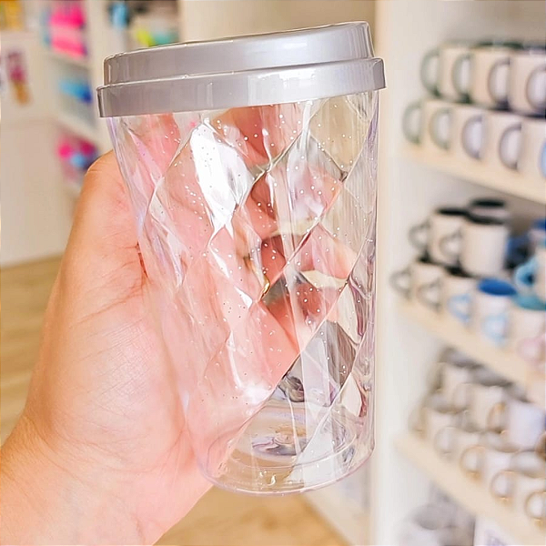 Copo Buck 300ml Transparente Glitter com Tampa Cinza