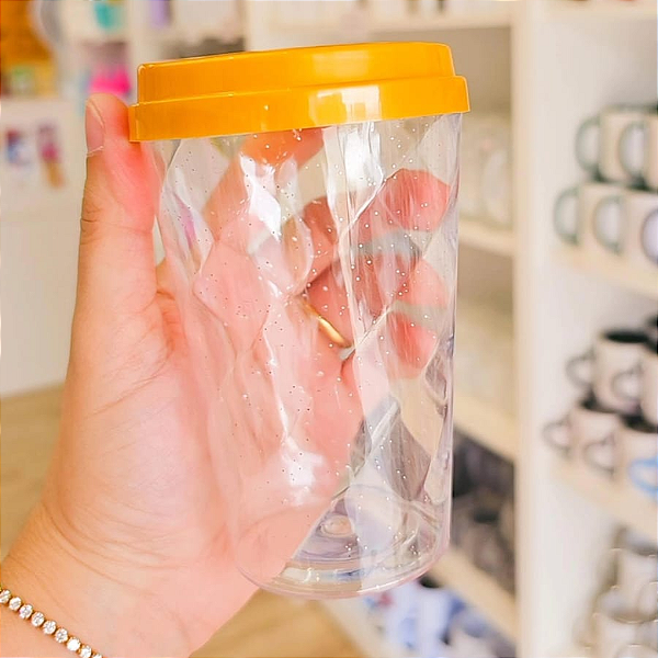 Copo Buck 300ml Transparente Glitter com Tampa Dourada