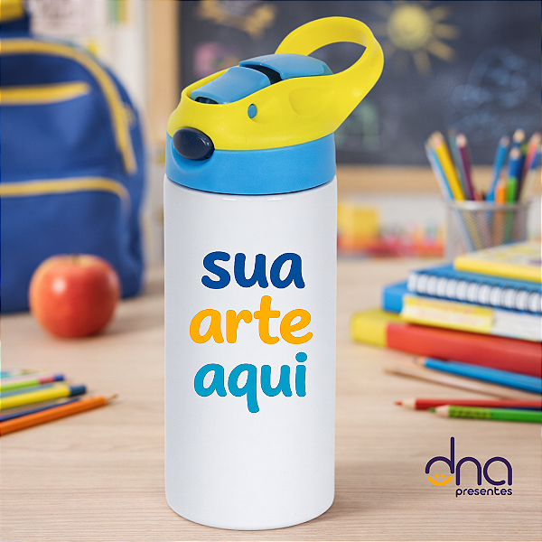 Garrafa Kids Alumínio Tampa Amarela e Azul Claro 500ml - Sua Arte Aqui