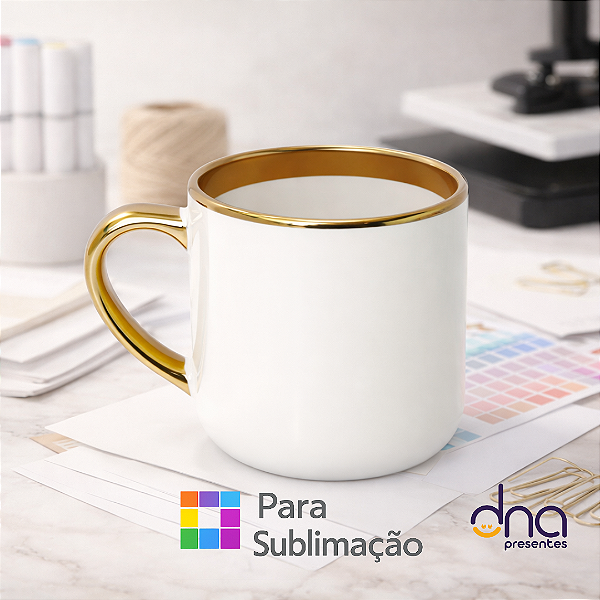 Caneca Branca Imperial com Alça e Borda Cromado Dourada 400ml - Para Sublimação