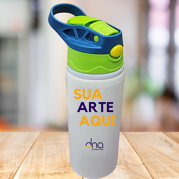 Garrafa Kids Alumínio Bico Retrátil Silicone Tampa Verde Menta e Azul 600ml Personalizada "Sua Arte Aqui"