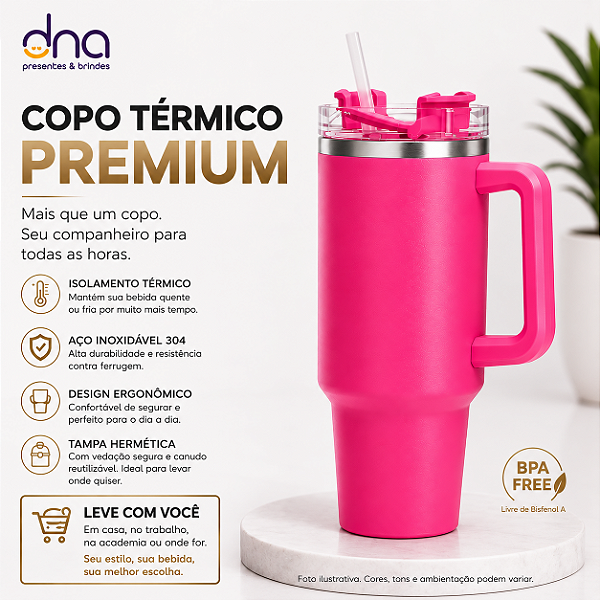 Copo Térmico com Tampa em Acrílico e Canudo - 1200ml - Rosa Claro