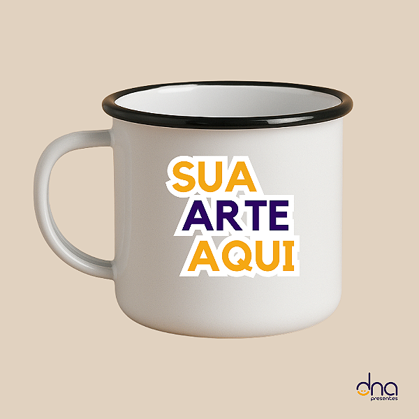 Caneca de Metal Branca Esmaltada com Borda Preta - 325ml - "Sua Arte Aqui