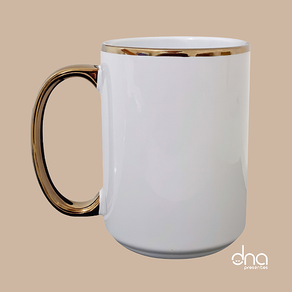Caneca de Cerâmica Branca com Alça e Colarinho Cromada Dourada 440ml - Para Sublimação