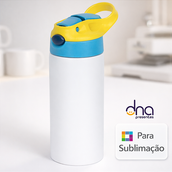Garrafa Kids Alumínio Tampa Amarela e Azul Claro 500ml - Para Sublimação
