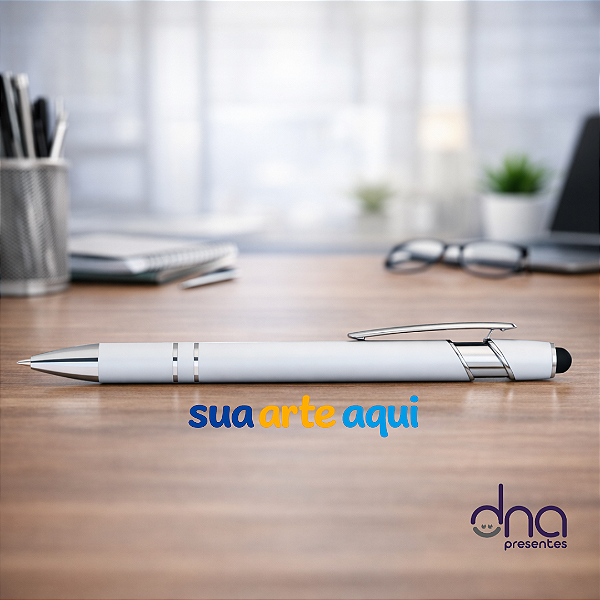 Caneta de Metal Brilhante com Detalhes Prata - Cor Branca - Sua Arte Aqui