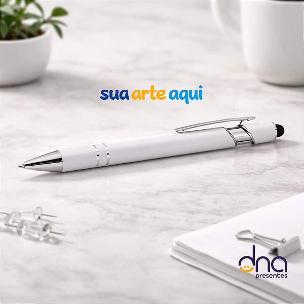 Caneta de Metal Brilhante com Detalhes Prata - Cor Branca - Sua Arte Aqui