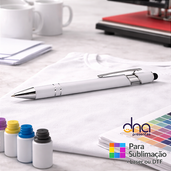 Caneta de Metal Brilhante com Detalhes Prata - Cor Branca - Para Sublimação