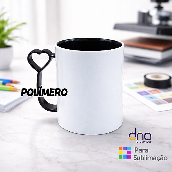 Caneca de Polímero Interior e Alça Coração Preta 325ml - Para Sublimação