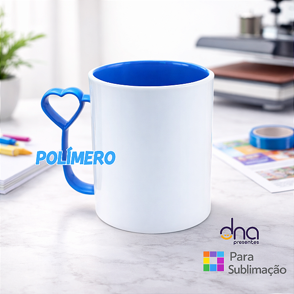 Caneca de Polímero Interior e Alça Coração Azul 325ml - Para Sublimação