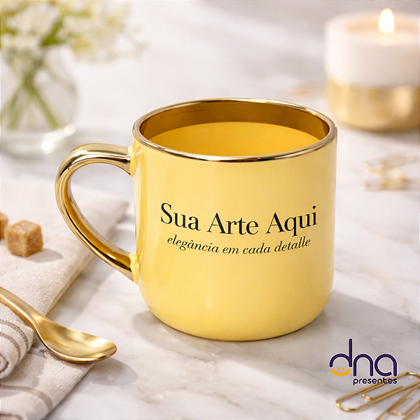 Caneca Amarela Imperial com Alça e Borda Cromado Dourada 400ml - Sua Arte Aqui