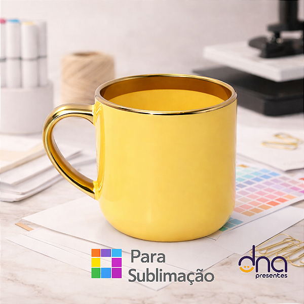 Caneca Amarela Imperial com Alça e Borda Cromado Dourada 400ml - Para Sublimação