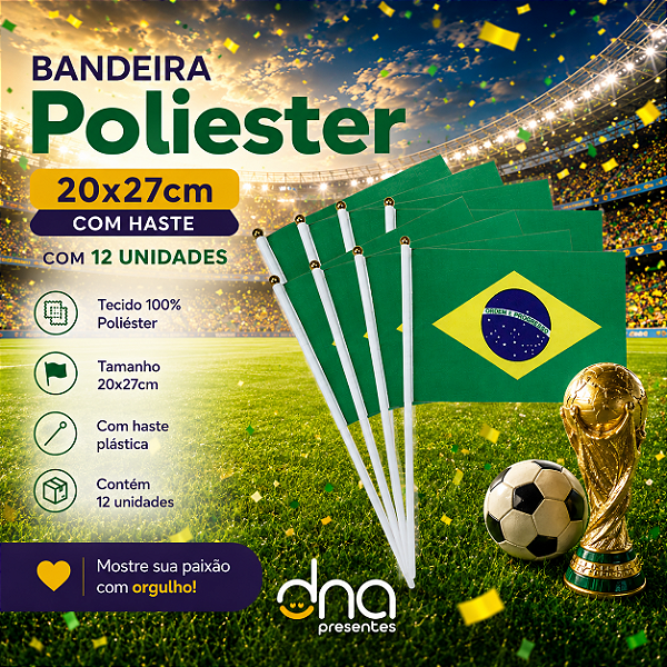 Brasil - Bandeira de Poliester 20x27cm com Haste - Kit 12 Unidades