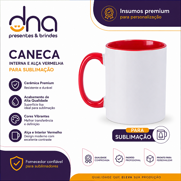 Caneca Cerâmica 325ml com Alça e Interior Vermelha - Para Sublimação