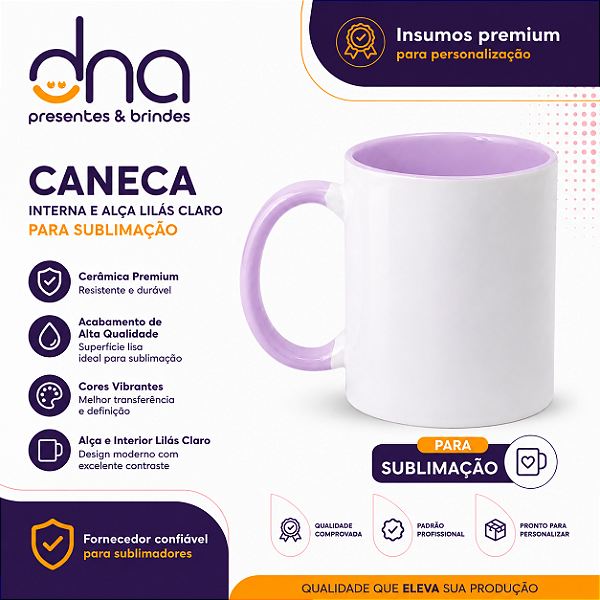 Caneca Cerâmica 325ml com Alça e Interior Lilás Claro - Para Sublimação