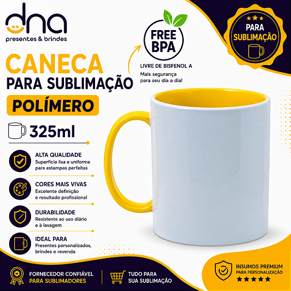 Caneca de Polímero Amarela 325ml - Para Sublimação