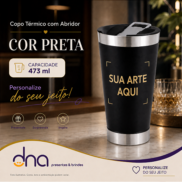Copo Térmico com Abridor 473ml - Cor Preta - Sua Arte Aqui
