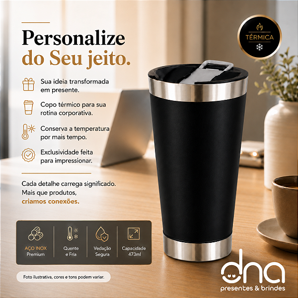 Copo Térmico com Abridor 473ml - Cor Preta - Sua Arte Aqui