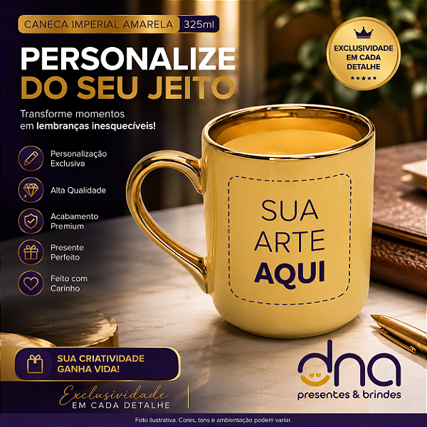 Caneca Amarela Imperial com Alça e Borda Cromado Dourada 325ml - Sua Arte Aqui