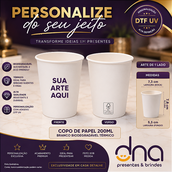 Copo de Papel Biodegradável Térmico 200ml - Kit com 100 unidades - Sua Arte Aqui