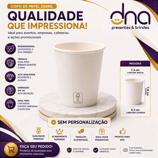Copo de Papel Biodegradável Térmico 200ml - Kit 100 unidades - Sem Personalização