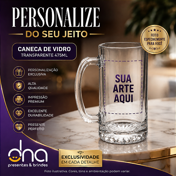 Caneca de Vidro 475ml Transparente - Sua Arte Aqui