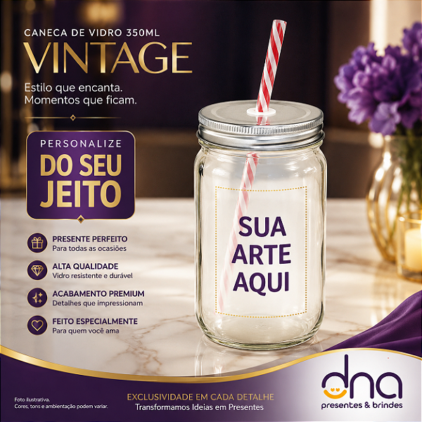 Caneca de Vidro 350ml Vintage - Sua Arte Aqui