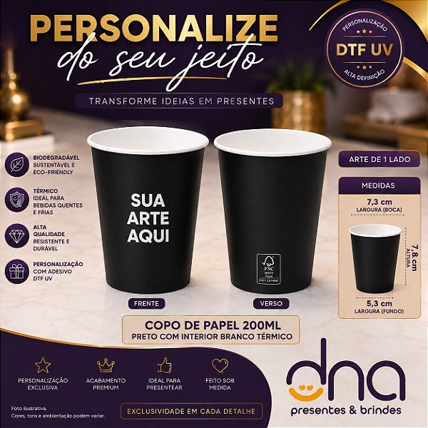 Copo de Papel Biodegradável Térmico 110ml - Cor Preta -  Kit com 200 unidades - Sua Arte Aqui