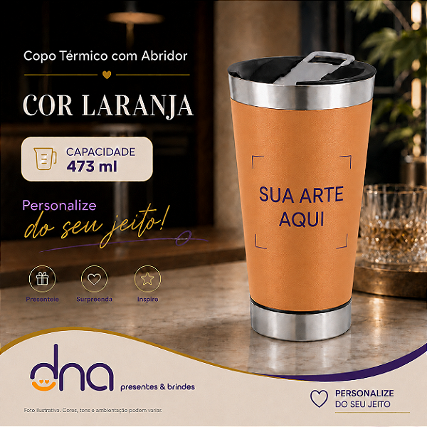 Copo Térmico com Abridor 473ml - Cor Laranja - Sua Arte Aqui