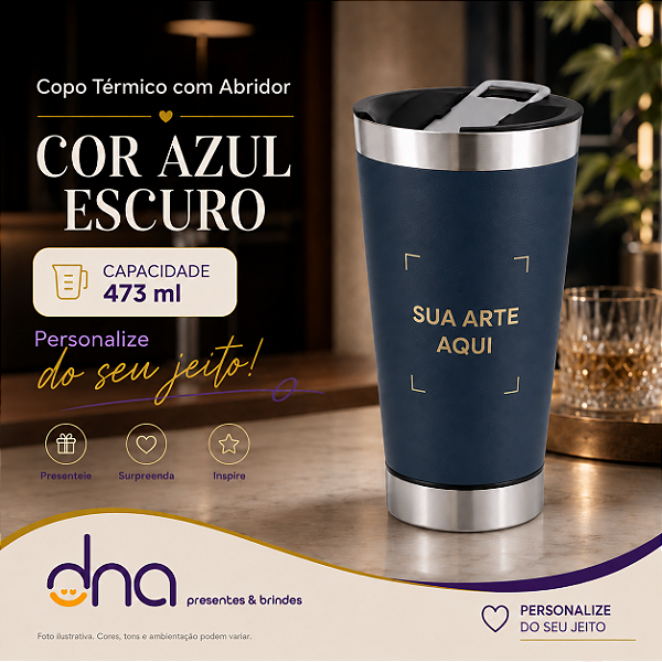 Copo Térmico com Abridor 473ml - Cor Azul Escuro - Sua Arte Aqui