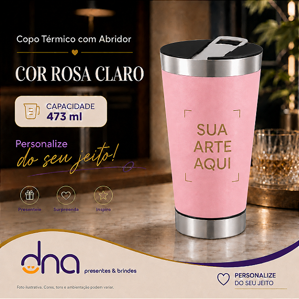 Copo Térmico com Abridor 473ml - Cor Rosa - Sua Arte Aqui