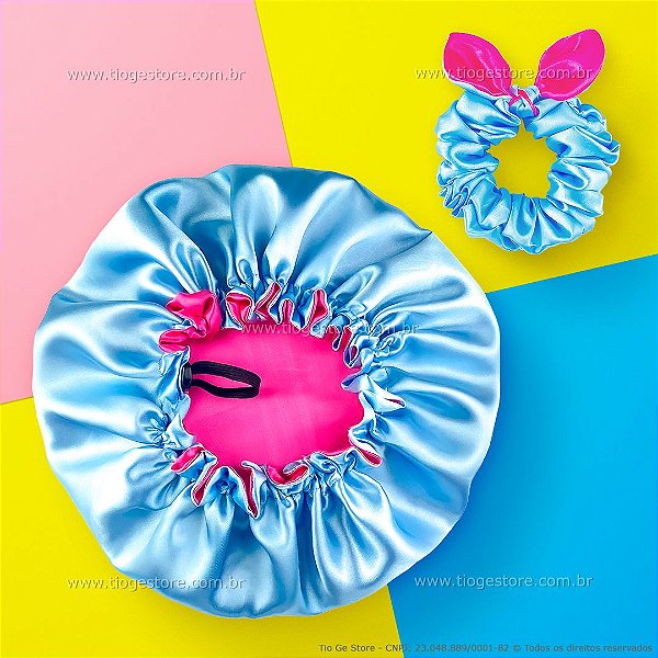 Touca de Cetim Dupla Face Ajustável Adulta + Xuxinha Scrunchie com Laço Rosa e Azul