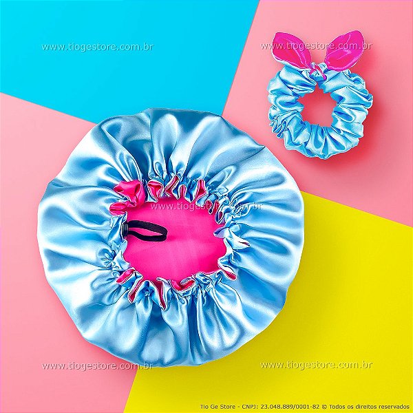 Touca de Cetim Dupla Face Ajustável Infantil + Xuxinha Scrunchie com Laço Rosa e Azul