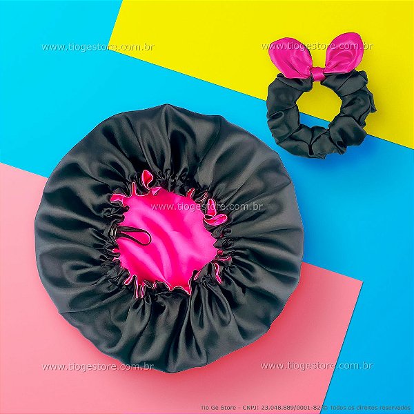 Touca de Cetim Dupla Face Ajustável Infantil + Xuxinha Scrunchie com Laço Preto e Rosa Pink