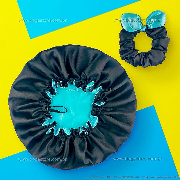 Touca de Cetim Dupla Face Ajustável Adulta + Xuxinha Scrunchie com Laço Preto e Turquesa