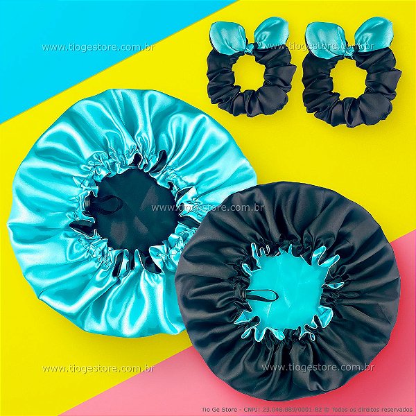 Kit Mãe e Filha 2 Toucas de Cetim Dupla Face Ajustável + 2 Xuxinhas Scrunchie com Laço Preto e Turquesa